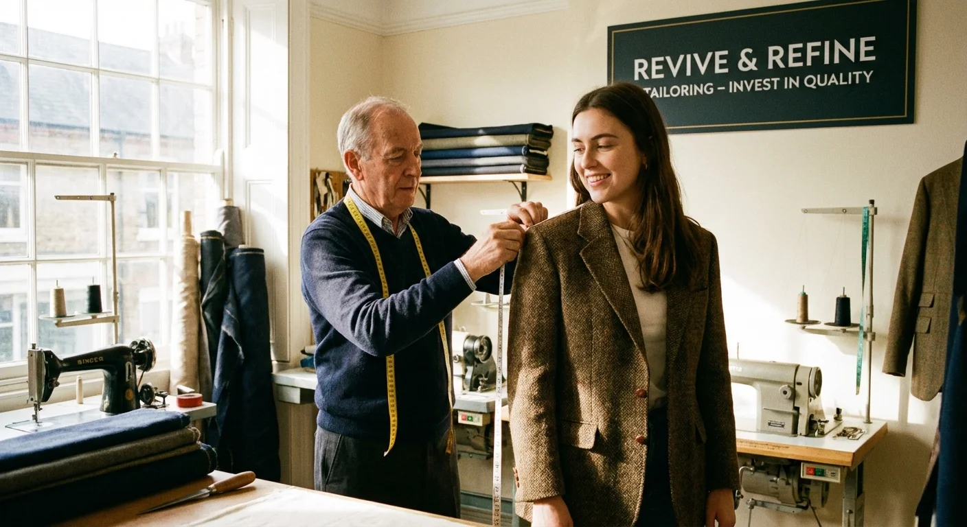 A tailor measuring a thrifted blazer for a customer.