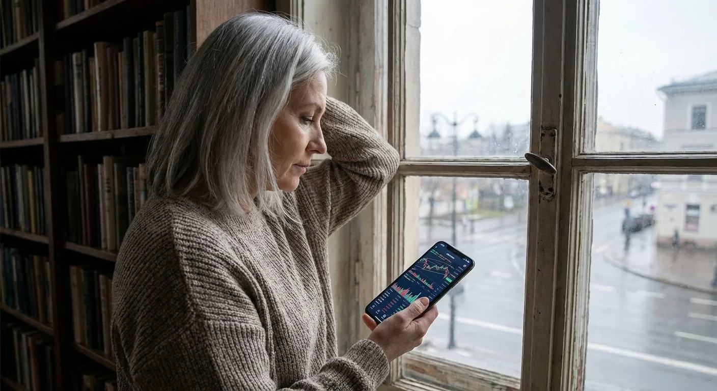 A person looking thoughtfully at a phone by a window.