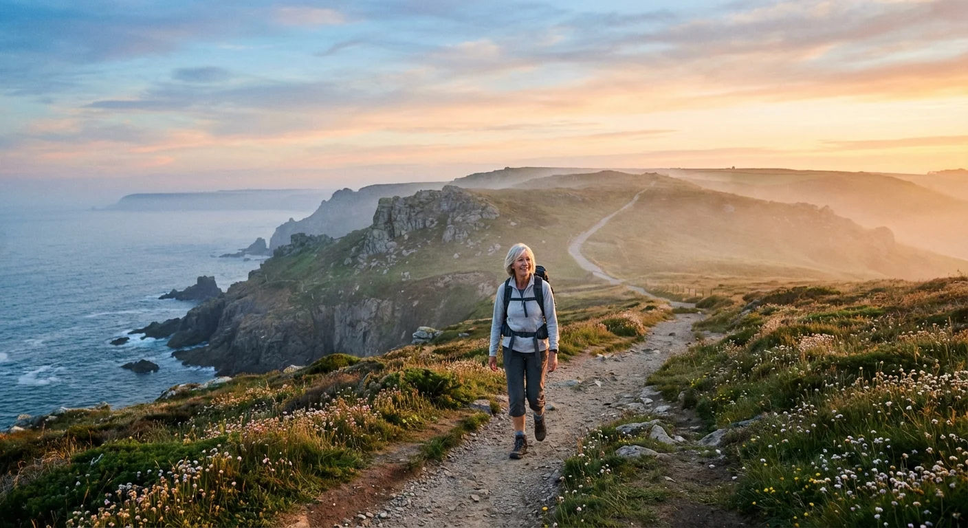 An active senior woman walking on a long coastal path at sunrise.
