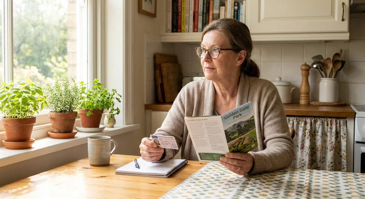 A senior woman reviews her identification and park information at home.