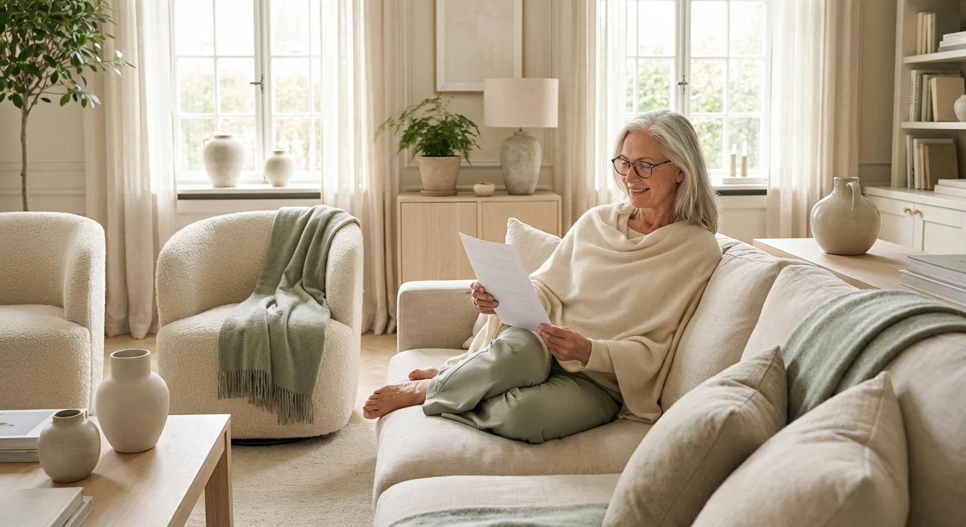 A senior woman smiling with relief while reviewing her home finances in a bright living room.