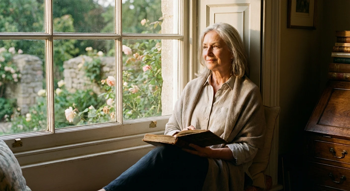 A woman looking out a window during golden hour, looking peaceful and secure.