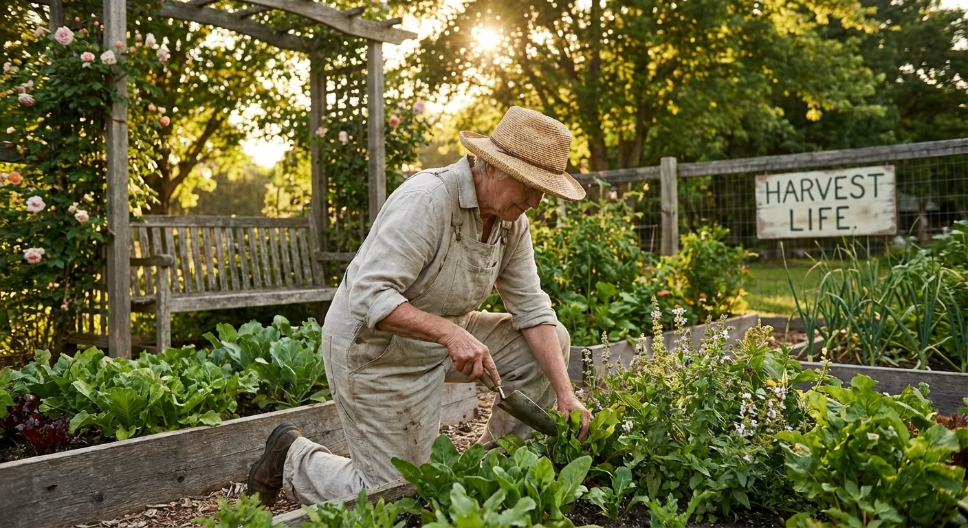 A person peacefully gardening in a sunlit backyard, representing quality of life.