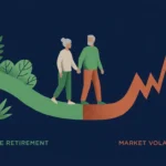 Illustration of a couple walking on a path shaped like a financial market line graph, symbolizing retirement timing.