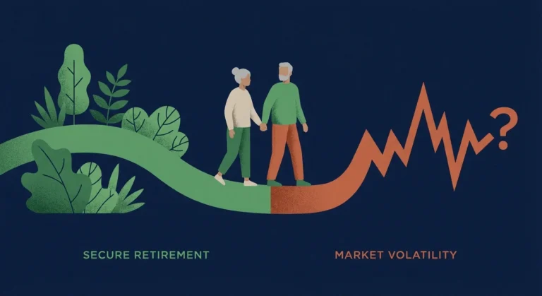 Illustration of a couple walking on a path shaped like a financial market line graph, symbolizing retirement timing.