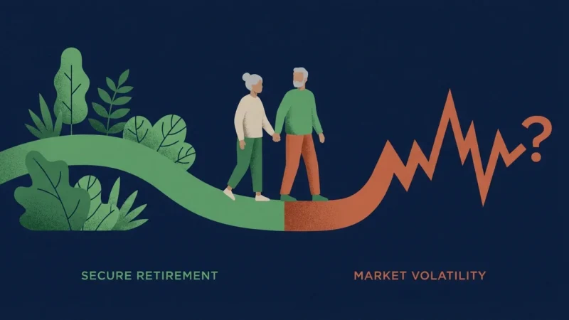 Illustration of a couple walking on a path shaped like a financial market line graph, symbolizing retirement timing.