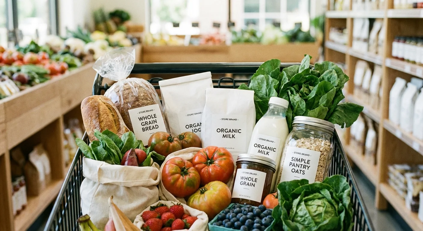 A grocery cart filled with fresh produce and store-brand items.