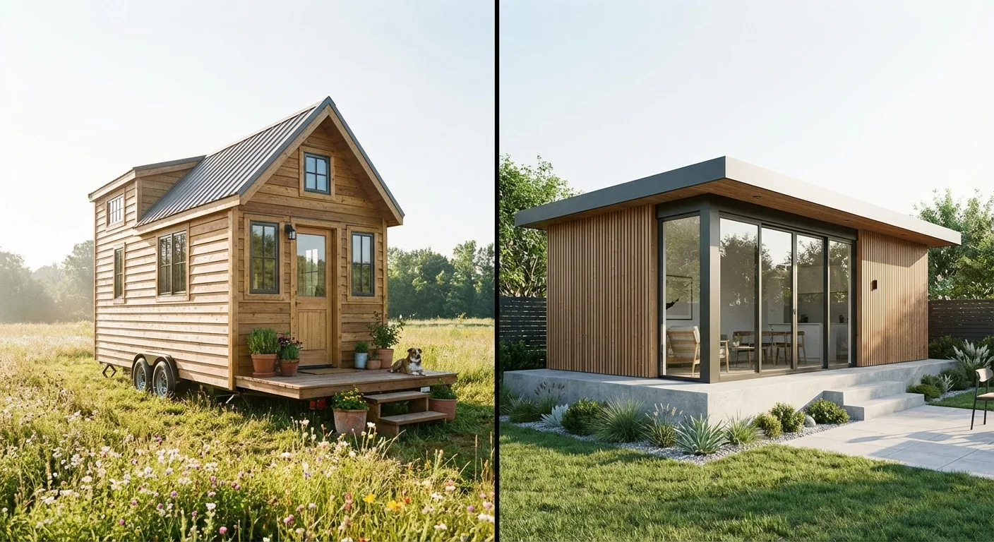 Side-by-side comparison of a tiny house on wheels and a permanent ADU.