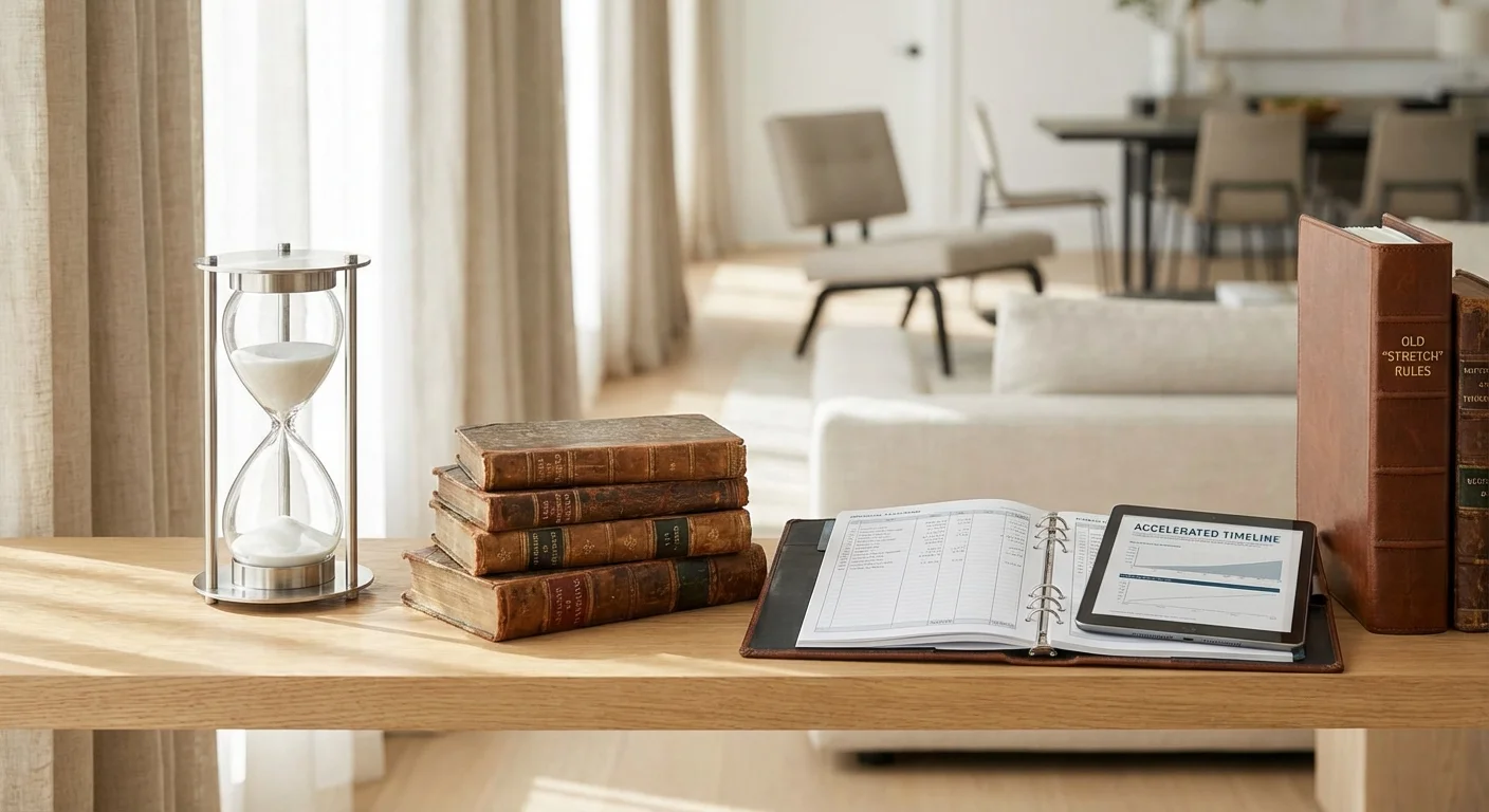 An hourglass and a modern financial ledger on a shelf, symbolizing the passage of time.