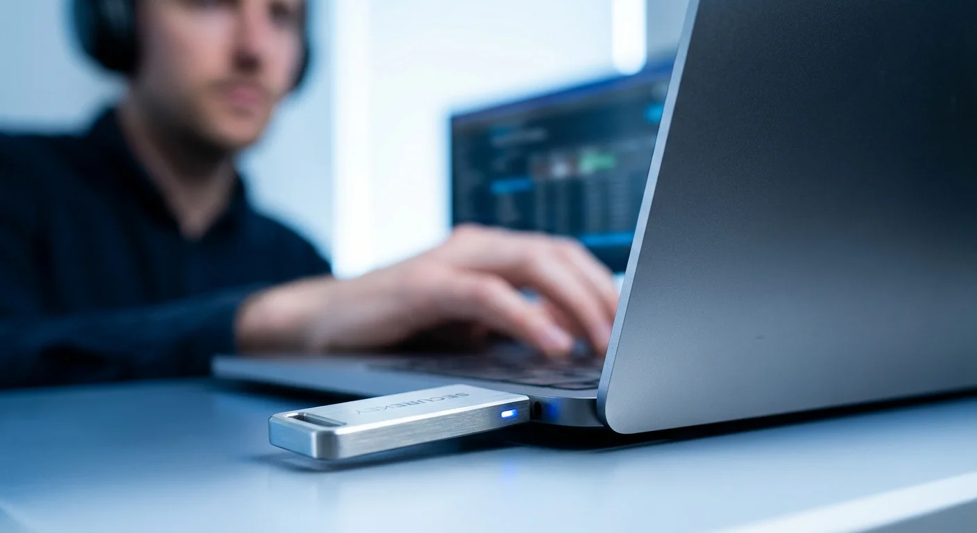A hardware security key plugged into a laptop computer.