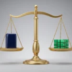3D render of a gold scale balancing one large blue block and several small green blocks.