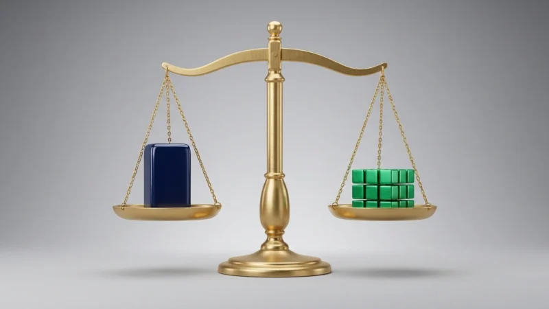 3D render of a gold scale balancing one large blue block and several small green blocks.