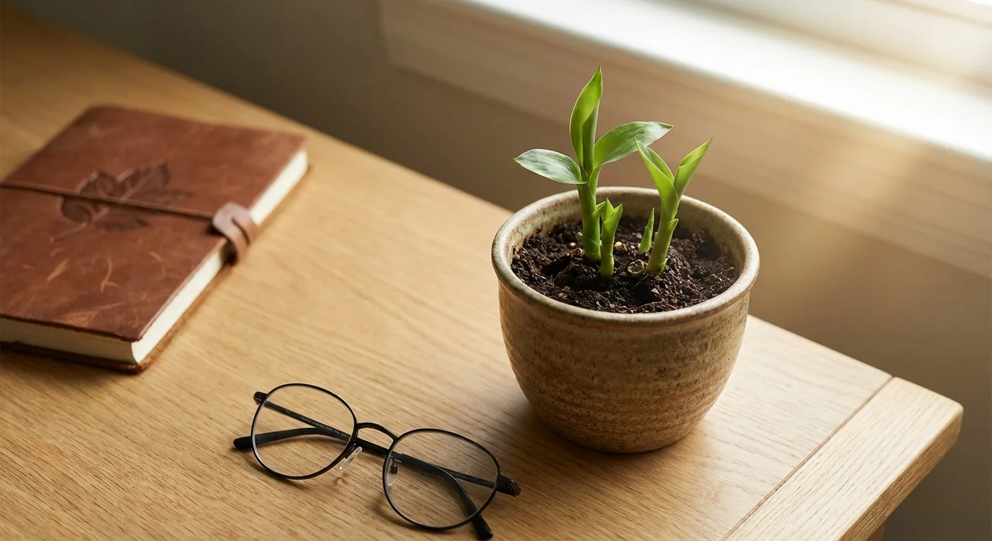 A small green plant on a wooden desk next to glasses and a notepad.