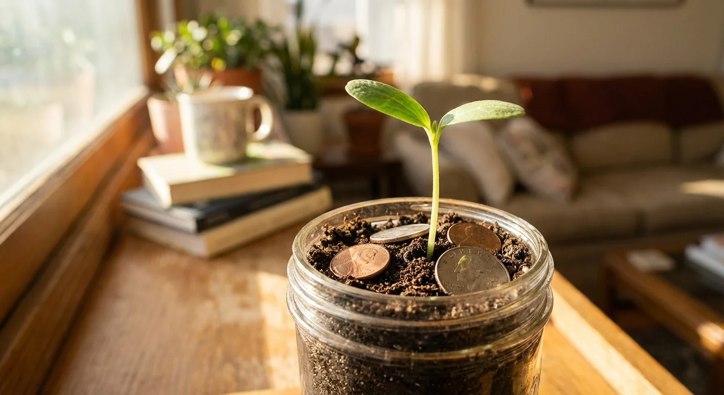 A small green plant growing in a jar with soil and coins on a sunny windowsill.