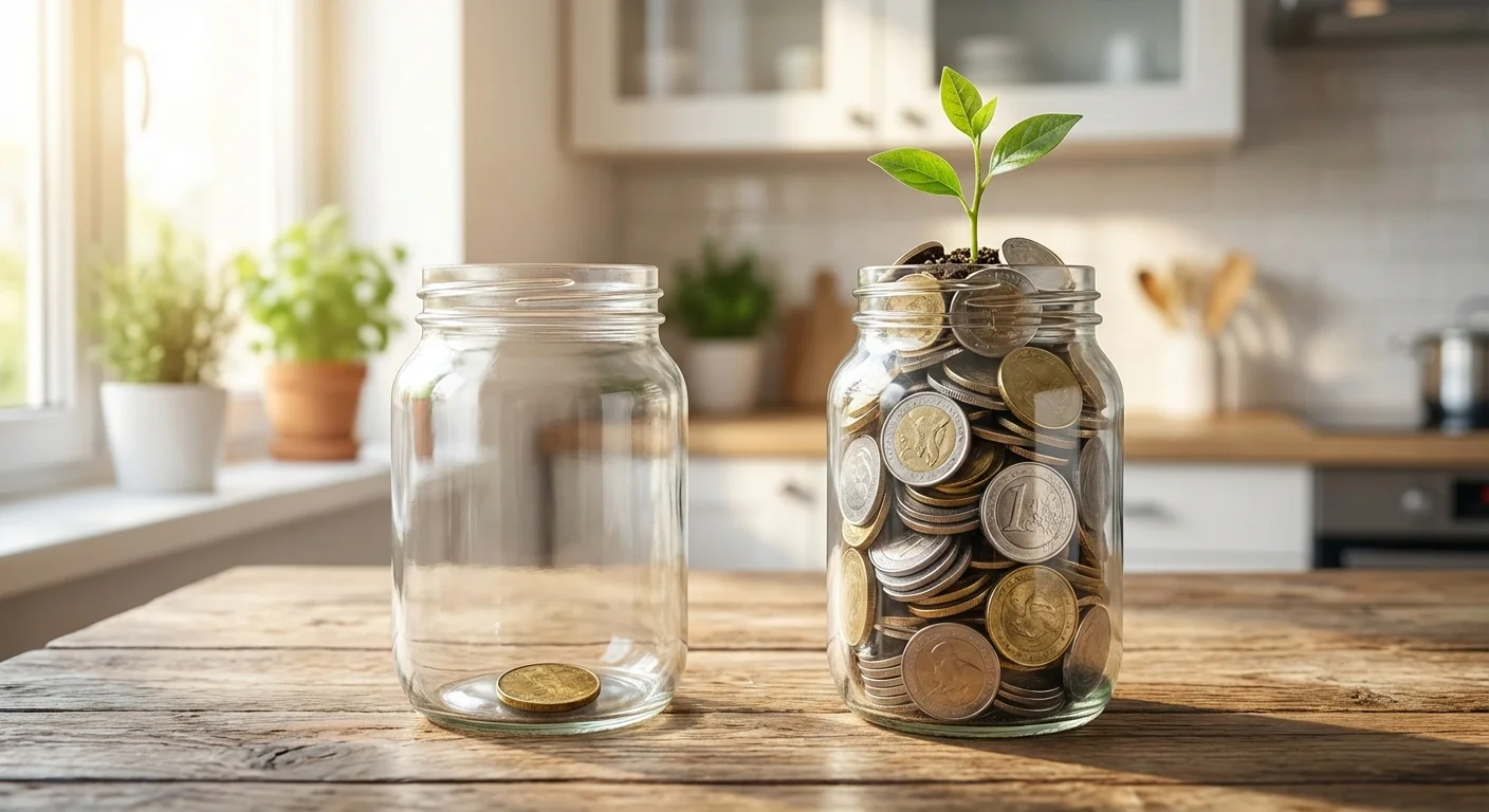 Two jars side-by-side: one nearly empty, the other full with a small plant growing inside.