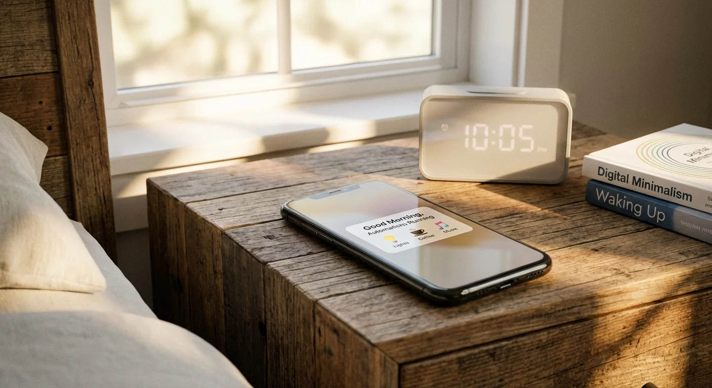 A smartphone on a nightstand in morning light, representing an automated 'autopilot' investment strategy.
