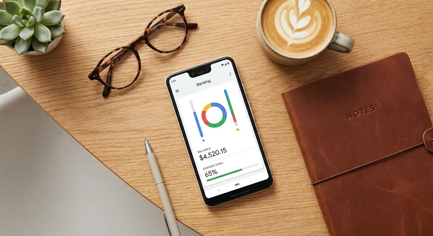 A flat lay of a modern workspace with a smartphone and coffee, representing modern digital banking.