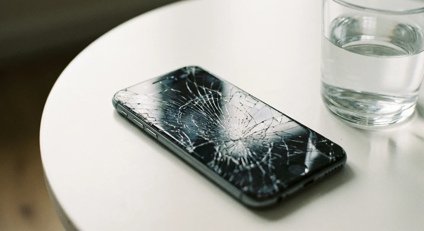 A close-up of a cracked phone screen on a white table, representing a minor inconvenience.