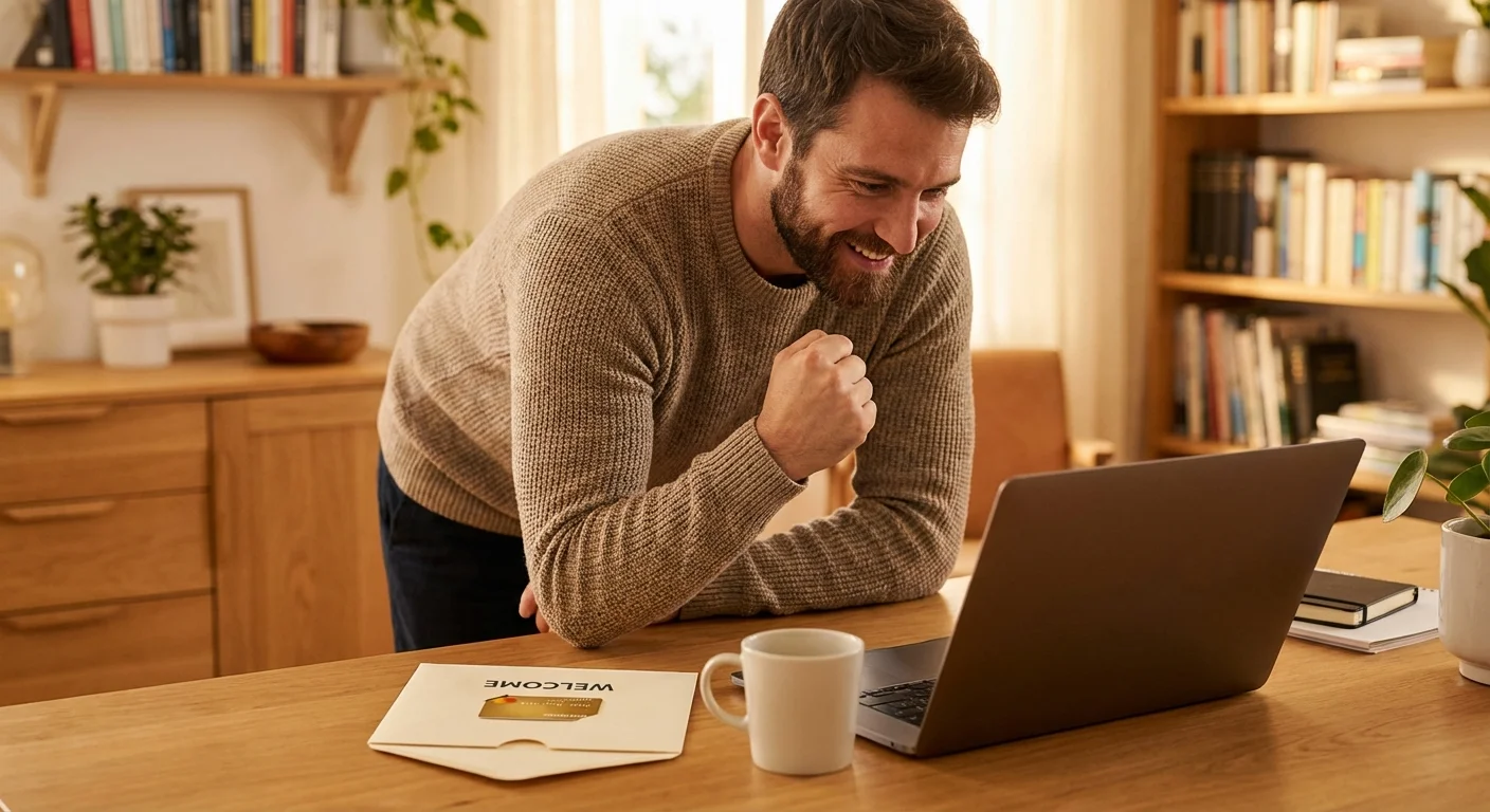 A man celebrating a win while looking at his laptop in a home office.