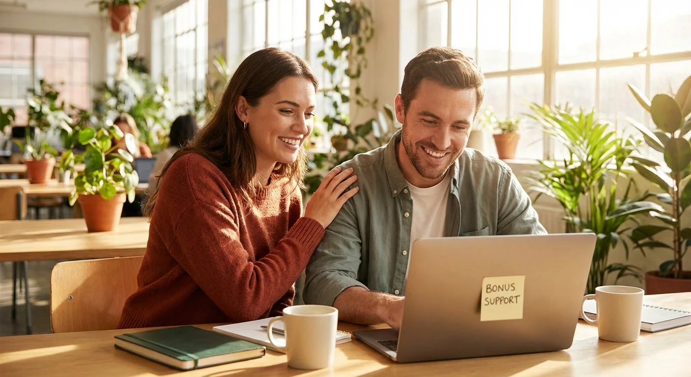 Two colleagues collaborating in a bright office, symbolizing the support of an employer match.