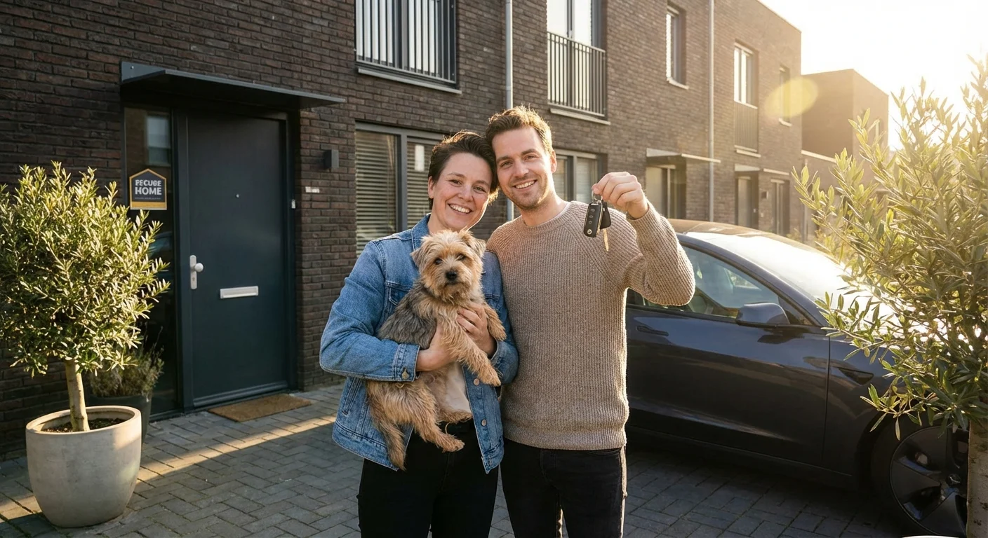 A couple with their pet in front of a home, representing insurance bundling.