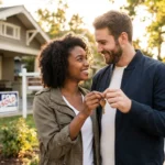 Smiling couple holding keys in front of a new house with a sold sign.