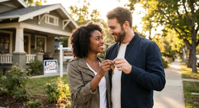 Smiling couple holding keys in front of a new house with a sold sign.