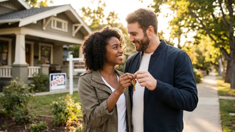 Smiling couple holding keys in front of a new house with a sold sign.