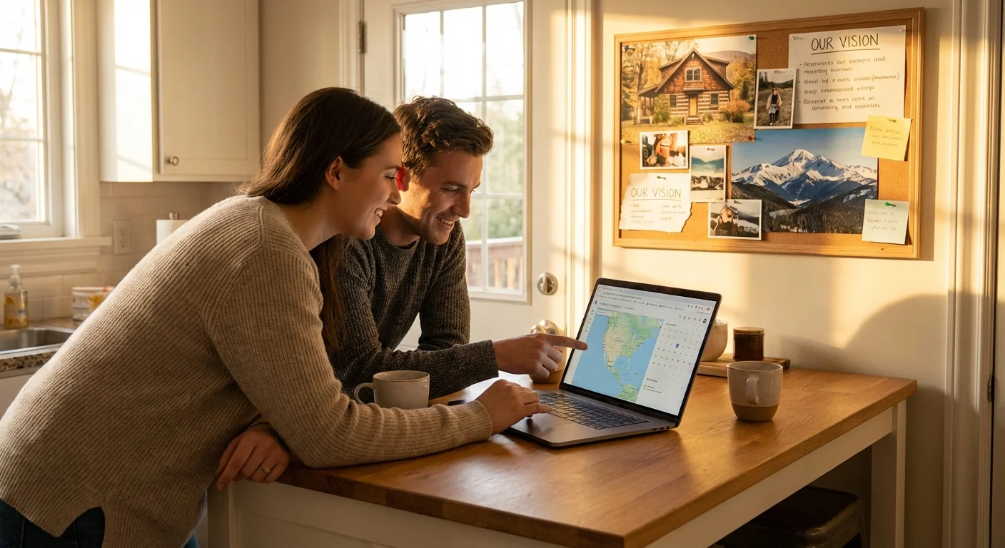 A couple discussing financial plans in a warm kitchen, looking at a laptop together.