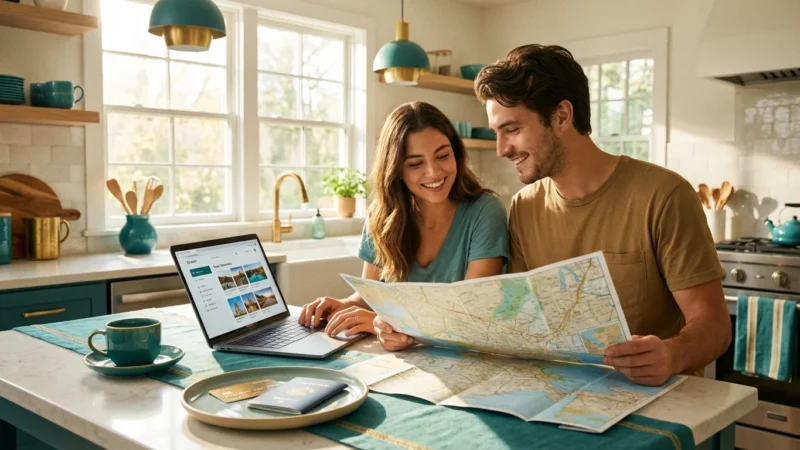 A smiling couple in a kitchen planning a trip with a map and laptop.