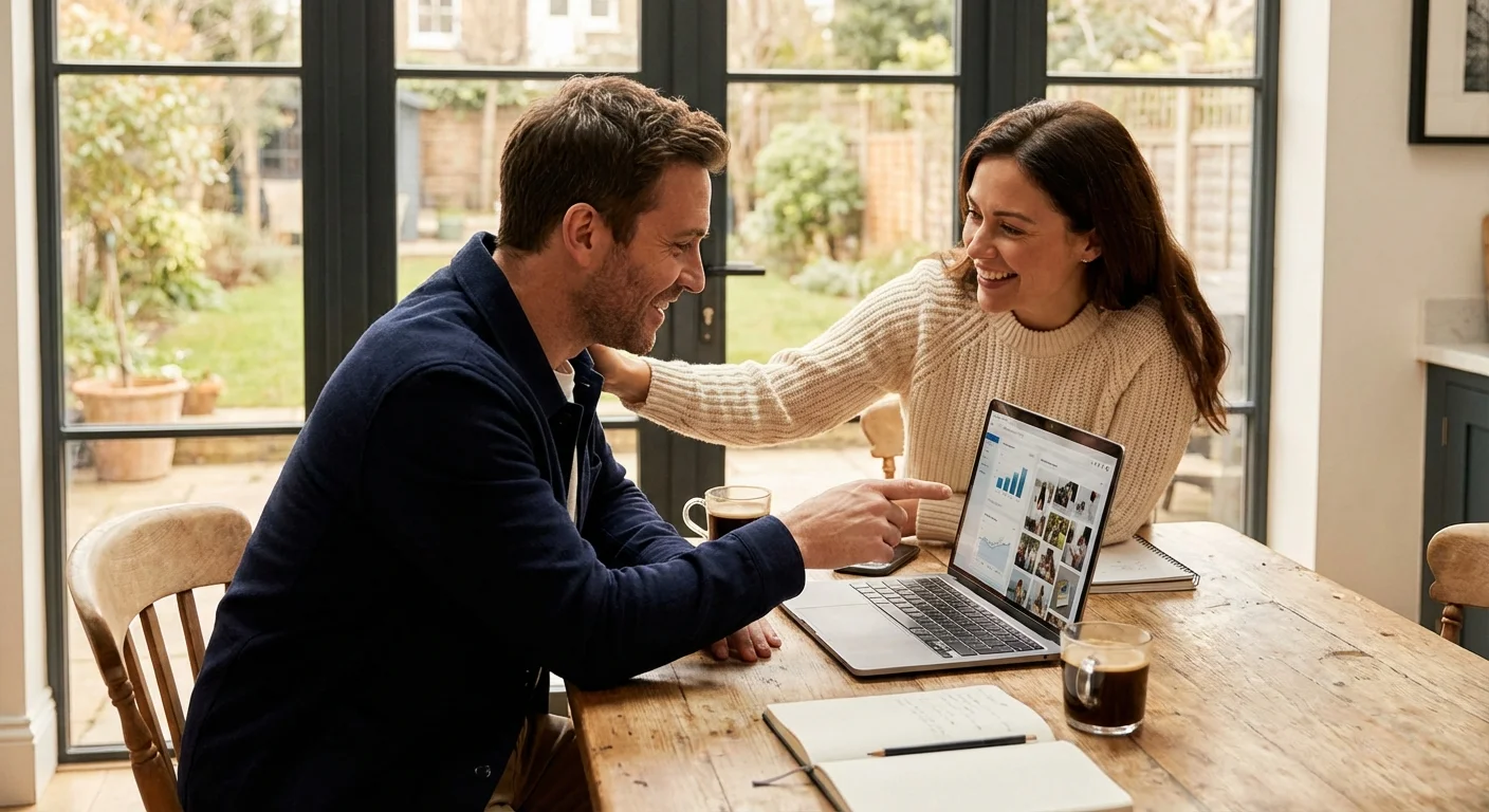 Two people collaborating and supporting each other at a laptop.