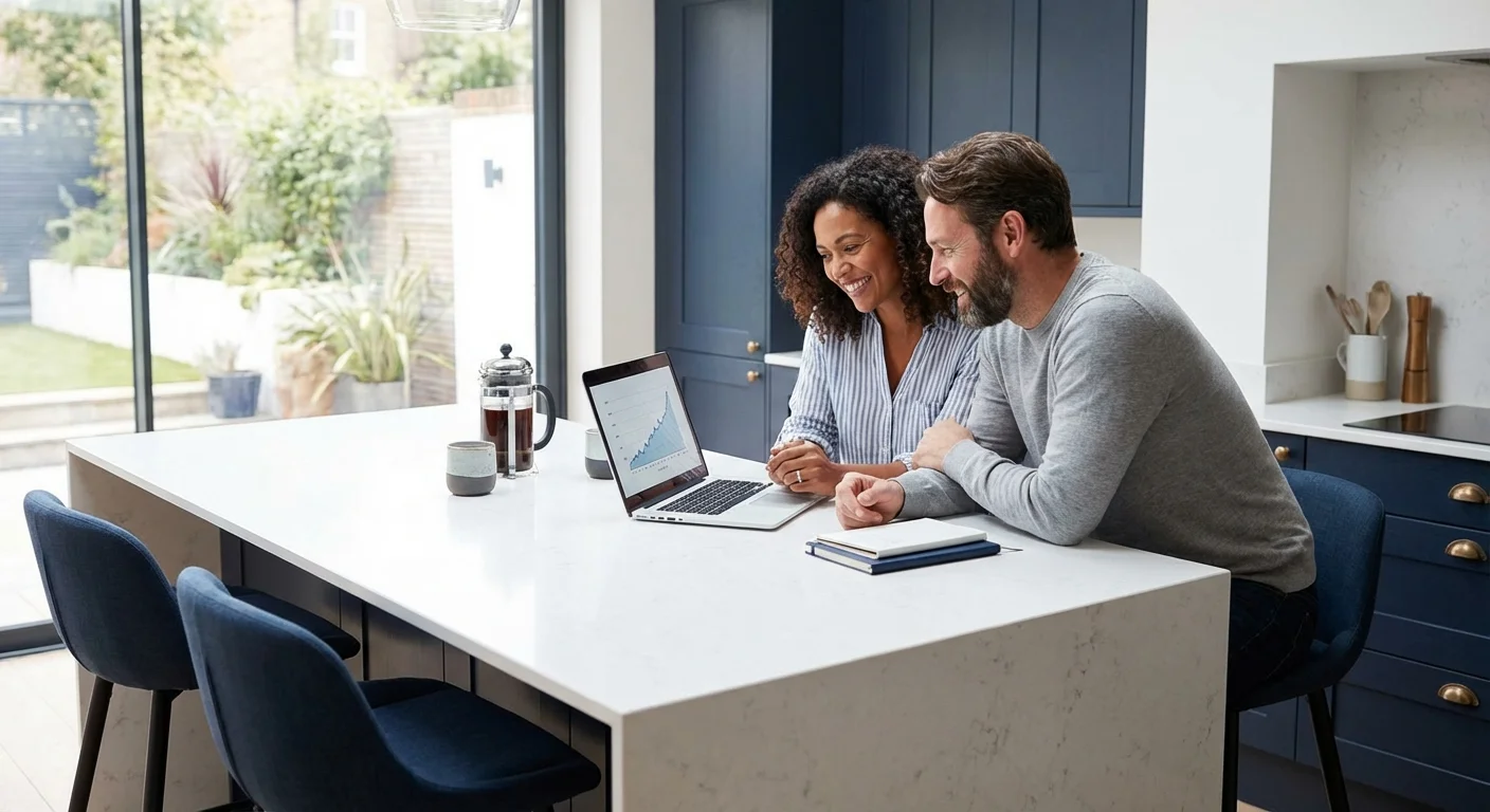 A couple looking at a laptop in a modern kitchen, smiling.