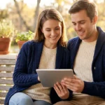 A smiling young couple sits on a wooden porch swing looking at a digital tablet together.