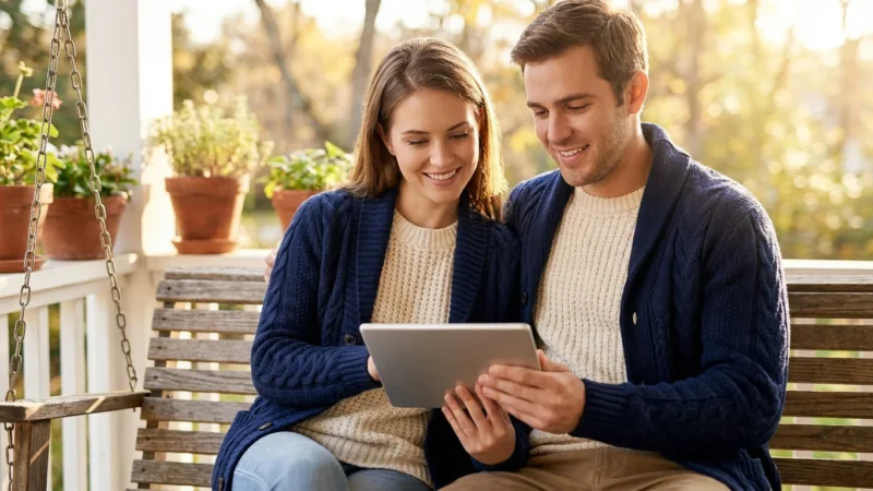 A smiling young couple sits on a wooden porch swing looking at a digital tablet together.