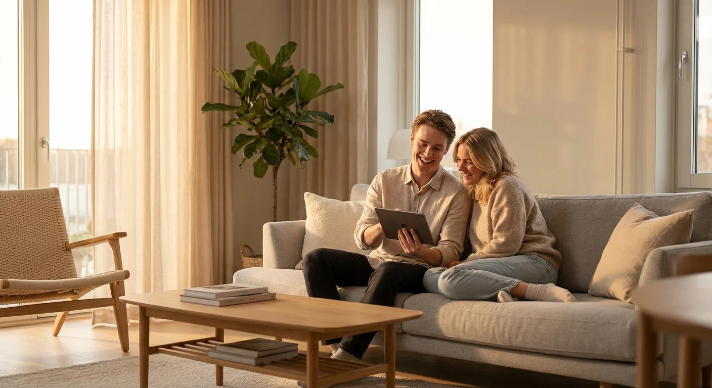 A man showing something on a tablet to his partner in a bright, modern living room.