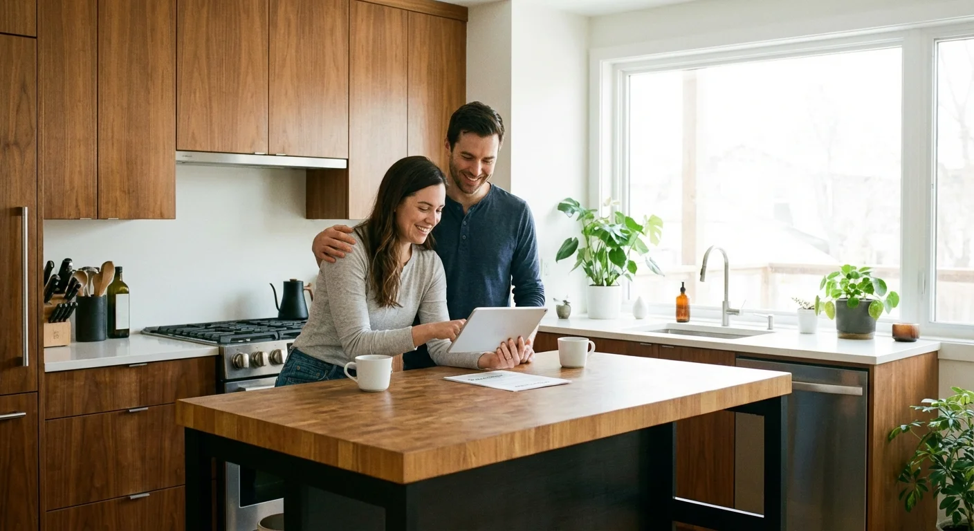 A couple smiling while looking at a tablet in a bright, modern kitchen.