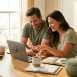 A smiling couple looks at a laptop together at a bright wooden kitchen table.
