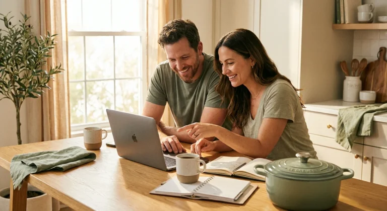 A smiling couple looks at a laptop together at a bright wooden kitchen table.