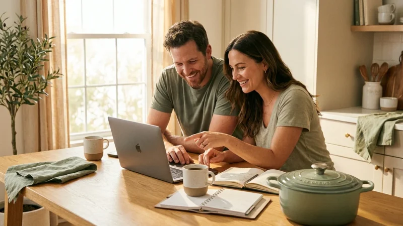 A smiling couple looks at a laptop together at a bright wooden kitchen table.