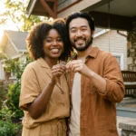 A smiling diverse couple holds up keys in front of their new suburban home.