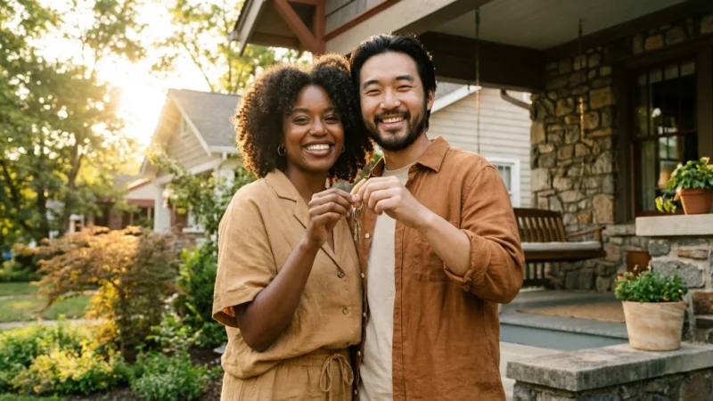 A smiling diverse couple holds up keys in front of their new suburban home.
