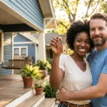 A smiling diverse couple hugs while holding up keys in front of their new blue house