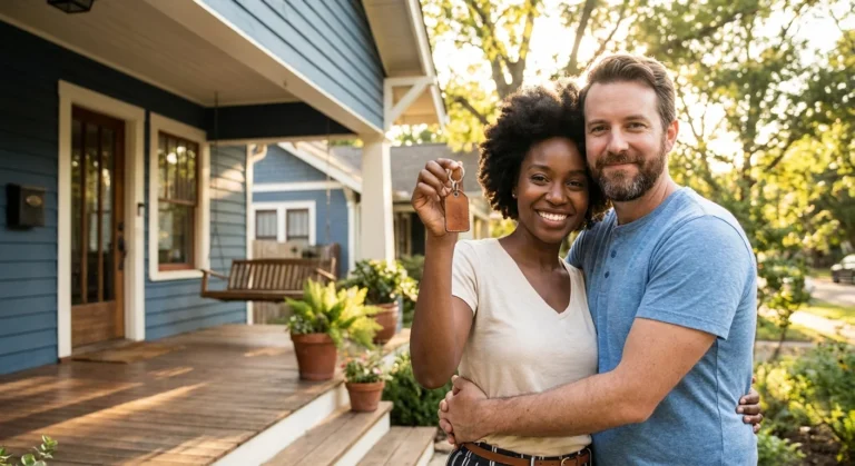 A smiling diverse couple hugs while holding up keys in front of their new blue house