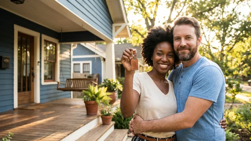 A smiling diverse couple hugs while holding up keys in front of their new blue house