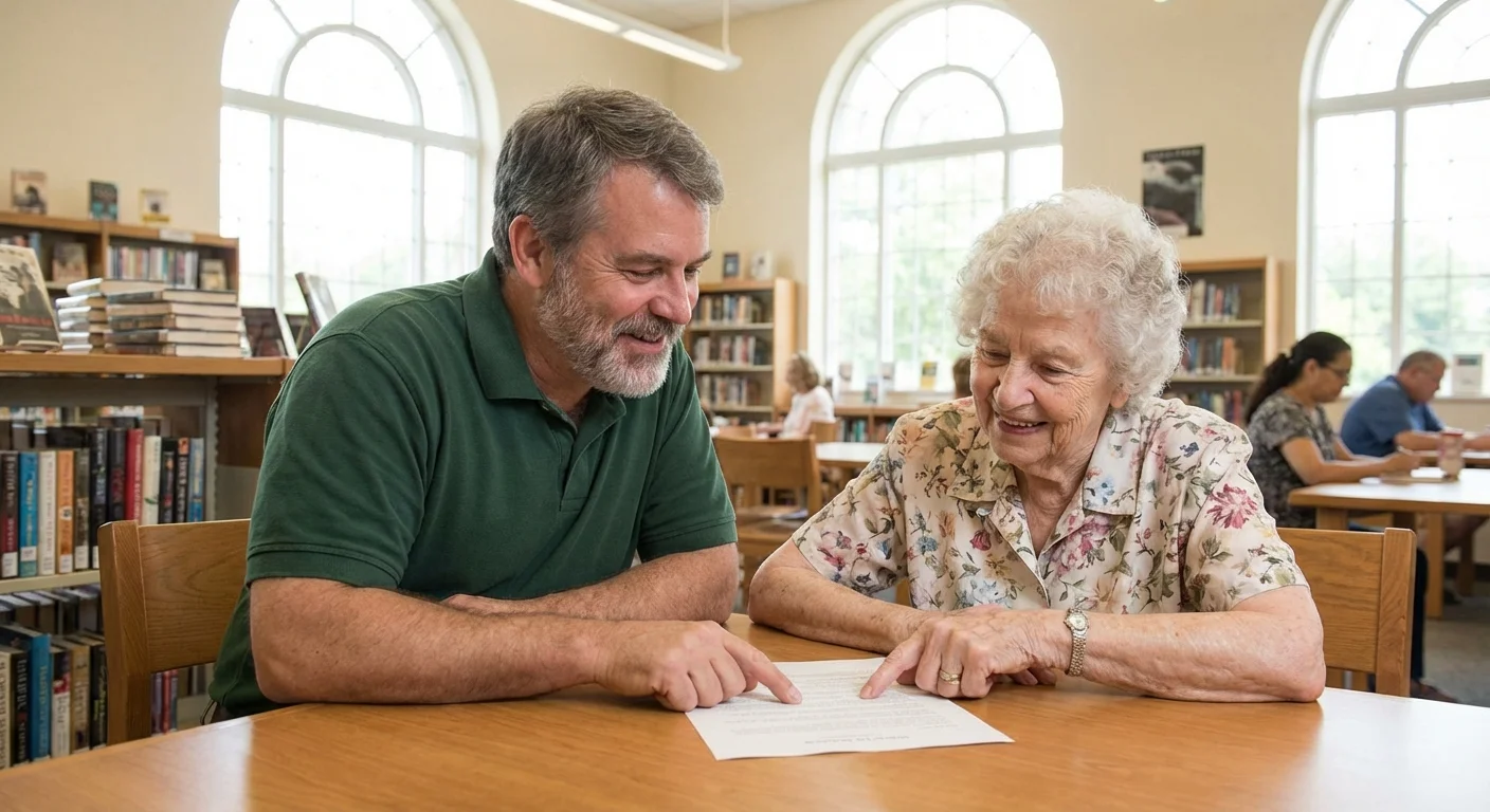 A tax volunteer helping an elderly woman with paperwork in a bright community library.