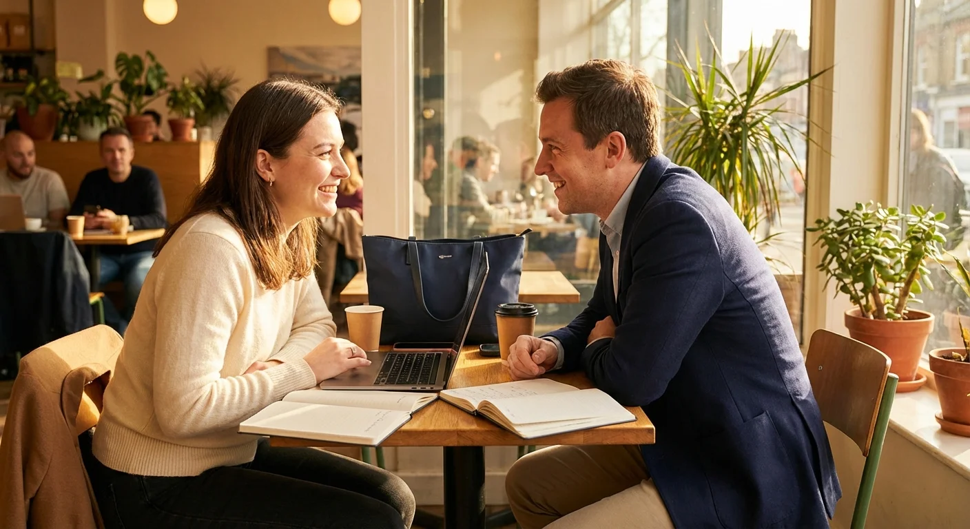 Two people having a professional financial consultation at a cafe.