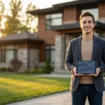 A smiling man holds a tablet showing stock market data in front of a luxury house.