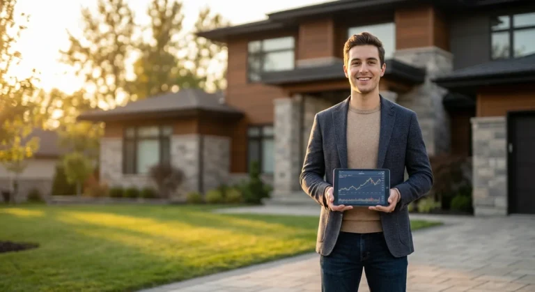 A smiling man holds a tablet showing stock market data in front of a luxury house.