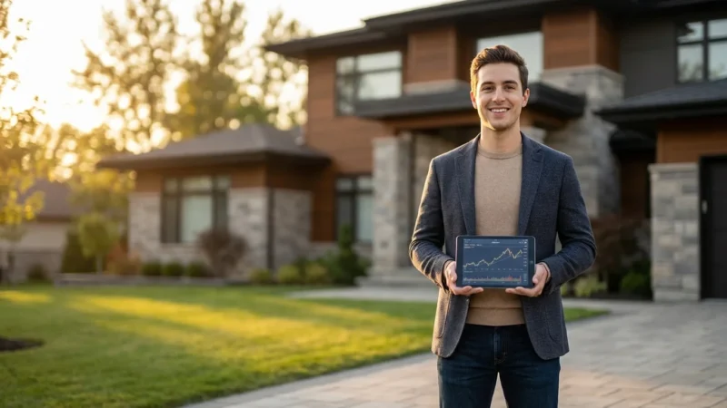 A smiling man holds a tablet showing stock market data in front of a luxury house.