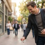 A smiling man in a blazer hands out a dollar bill on a busy city sidewalk.